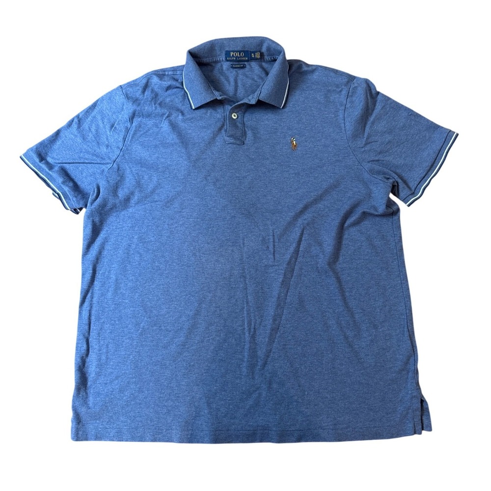 Polo Ralph Lauren Polo Shirt Mens Blue Heathered Tipped Classic Fit SIZE XL